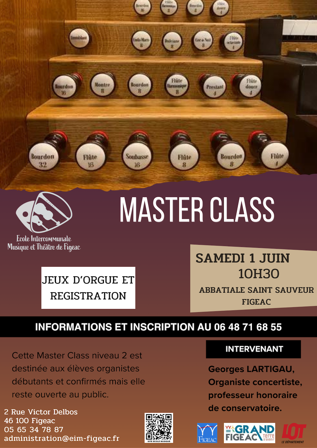Master Class Jeux d’orgue et registration  France Occitanie Lot Figeac 46100