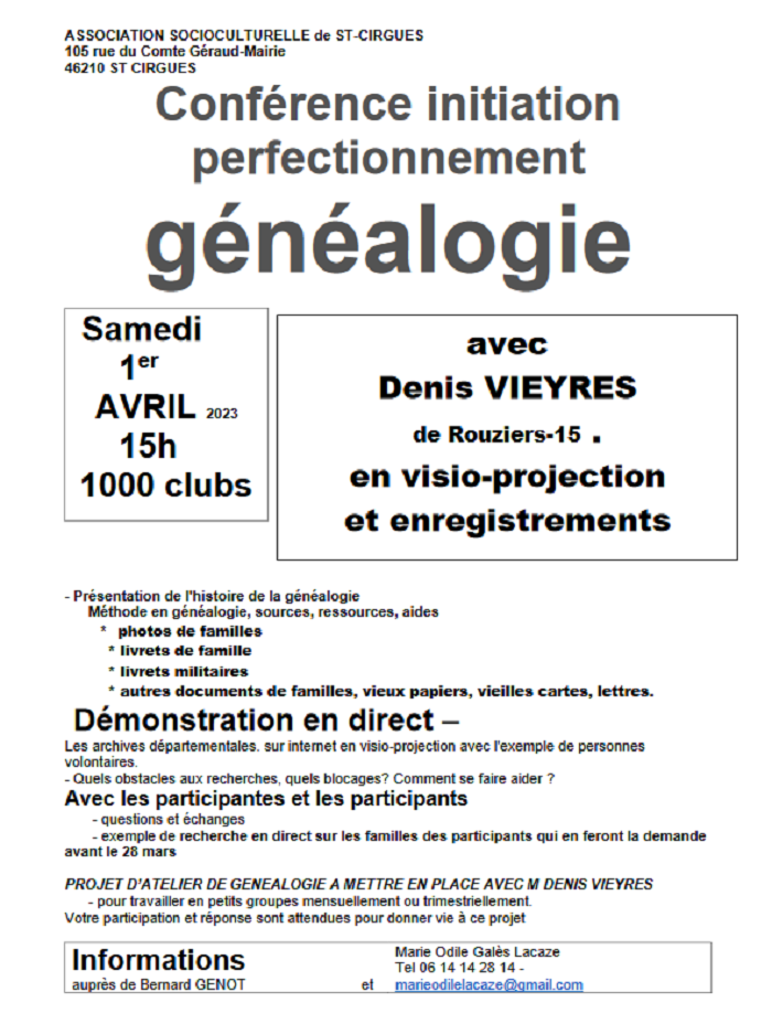 Conférence initiation, perfectionnement généalogie  France Occitanie Lot Saint-Cirgues 46210