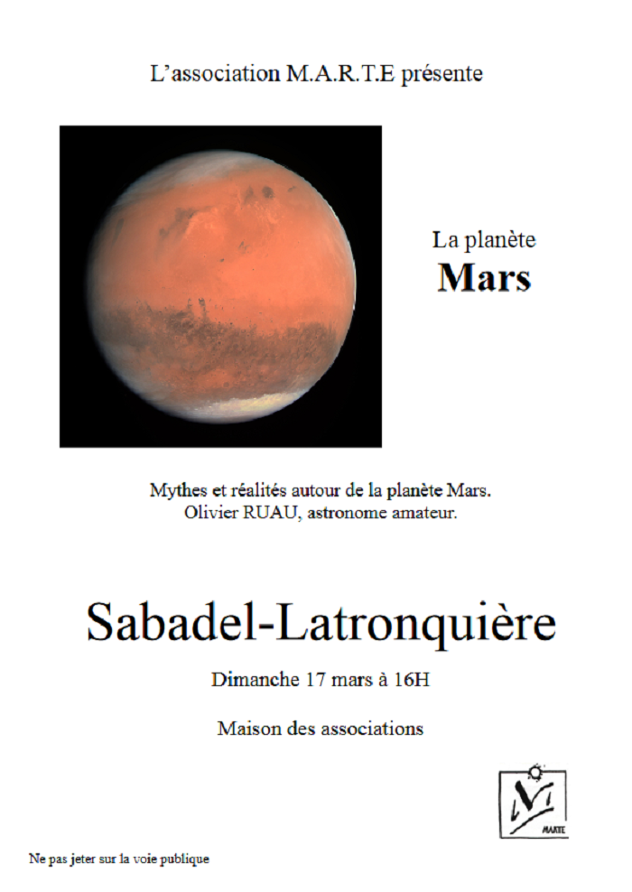 Conférence et rencontre :  mythes et réalités autour de la planète Mars !  France Occitanie Lot Sabadel-Latronquière 46210