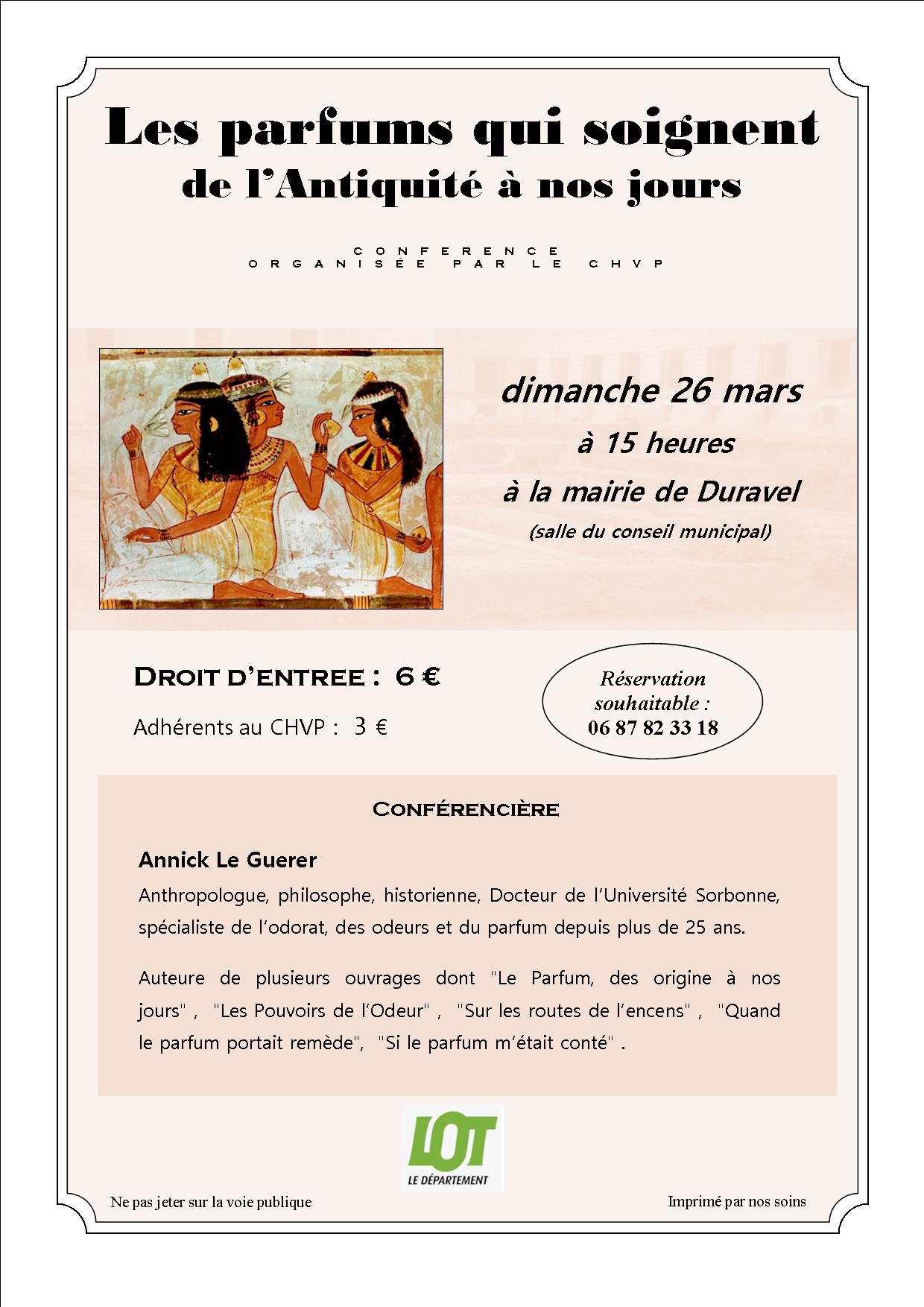 Conférence : les parfums qui soignent, de l'Antiquité à nos jours  France Occitanie Lot Duravel 46700