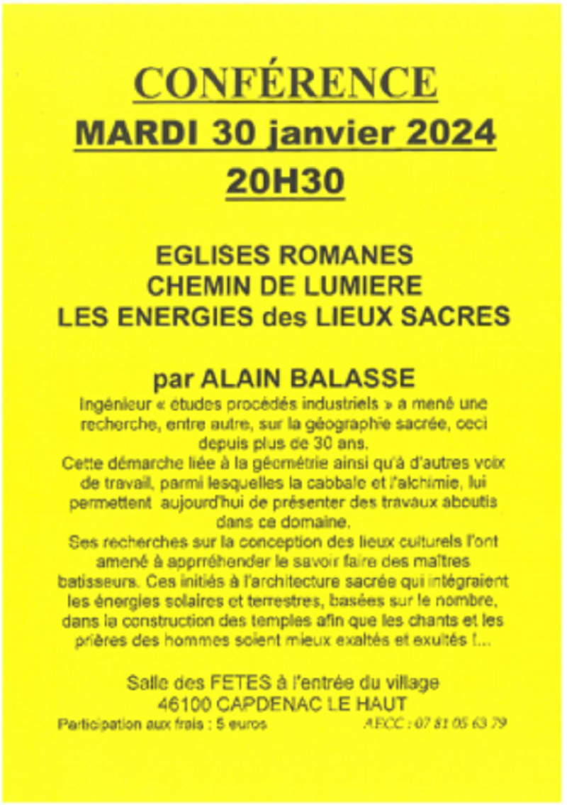Conférence : "eglise romanes, chemin de lumière, les énergie dans les lieux sacrés"  France Occitanie Lot Capdenac 46100