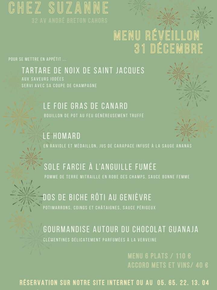 Figeac : Menu du réveillon de la Saint-Sylvestre au restaurant Chez Suzanne