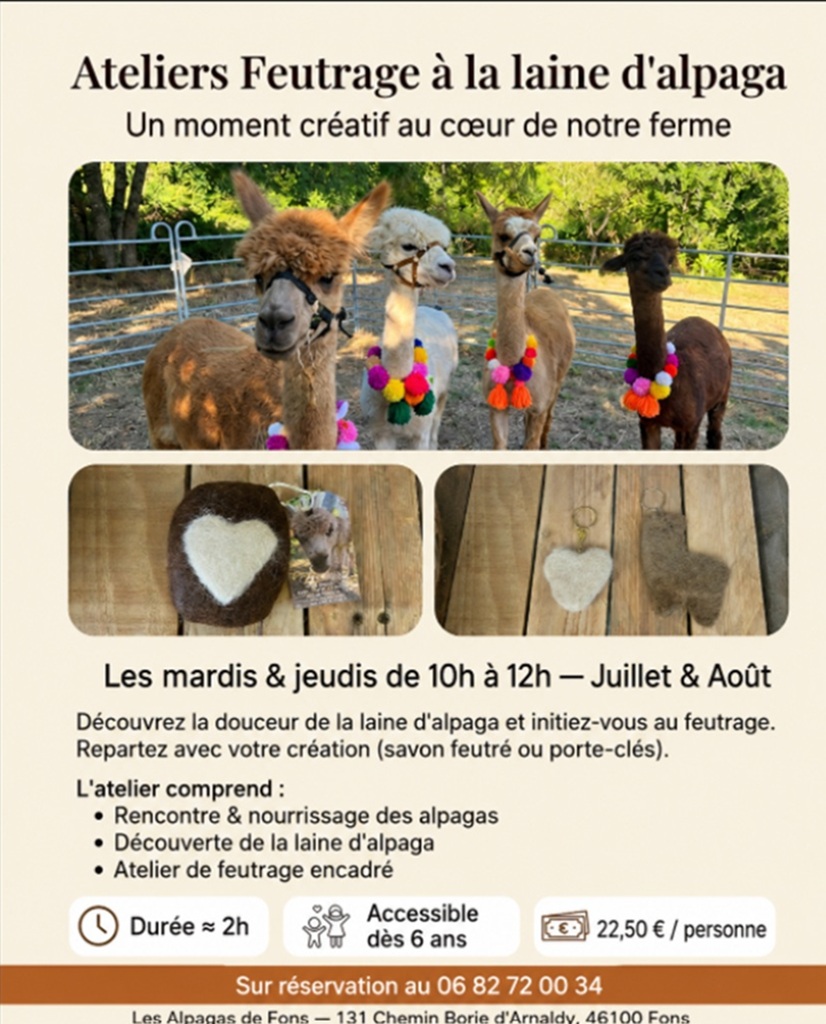 Figeac : Ateliers feutrage à la ferme des Alpagas de Fons