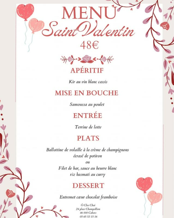 Figeac : Menu Saint-Valentin Ô Clos Chai