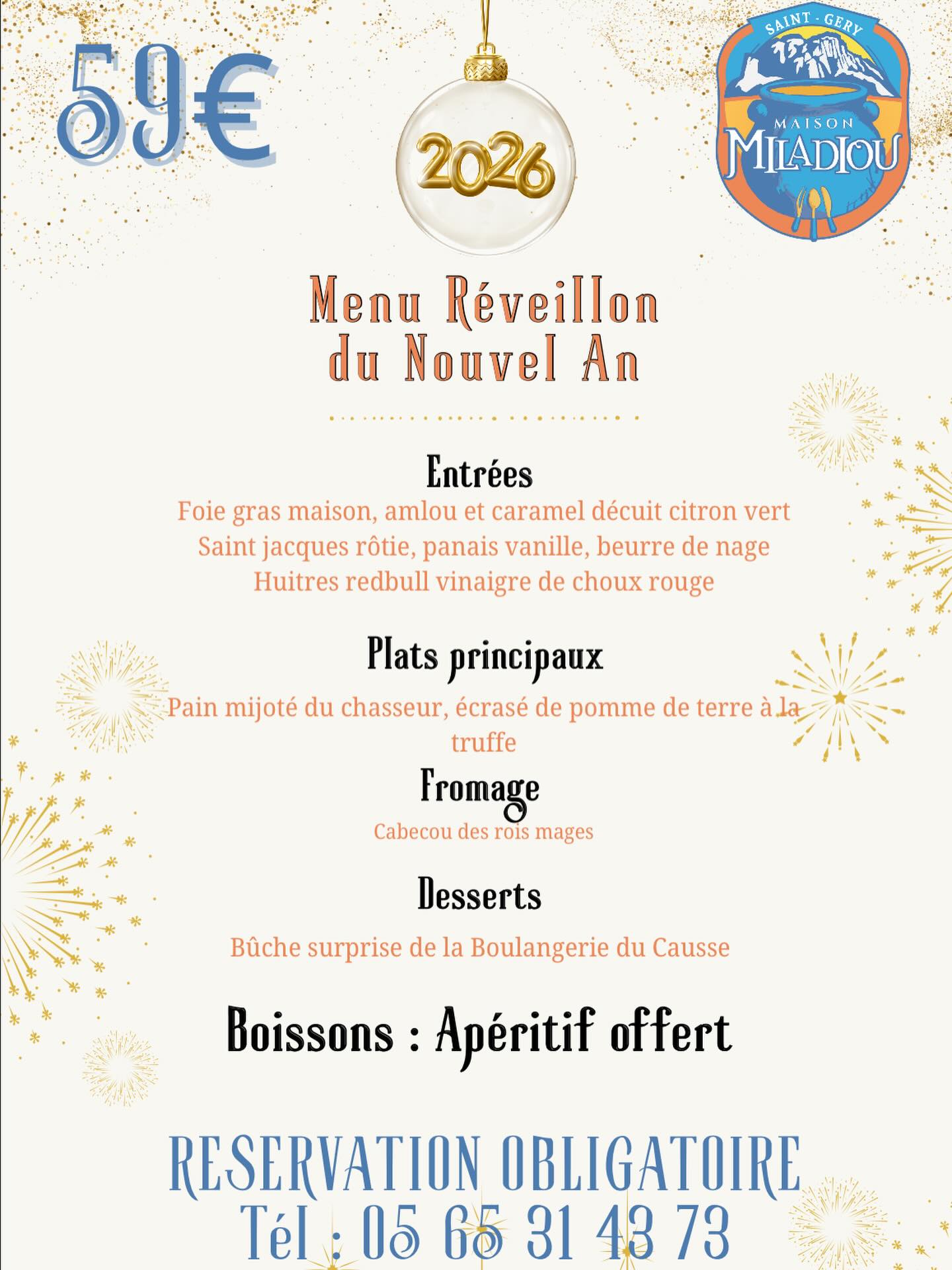 Figeac : Menu du réveillon du nouvel an à la Maison Miladiou