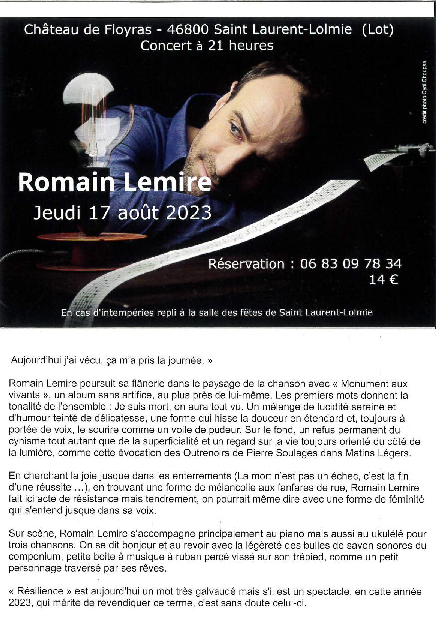 Figeac : Concert de Romain Lemire au Château de Floiras à Saint-Laurent-Lolmie