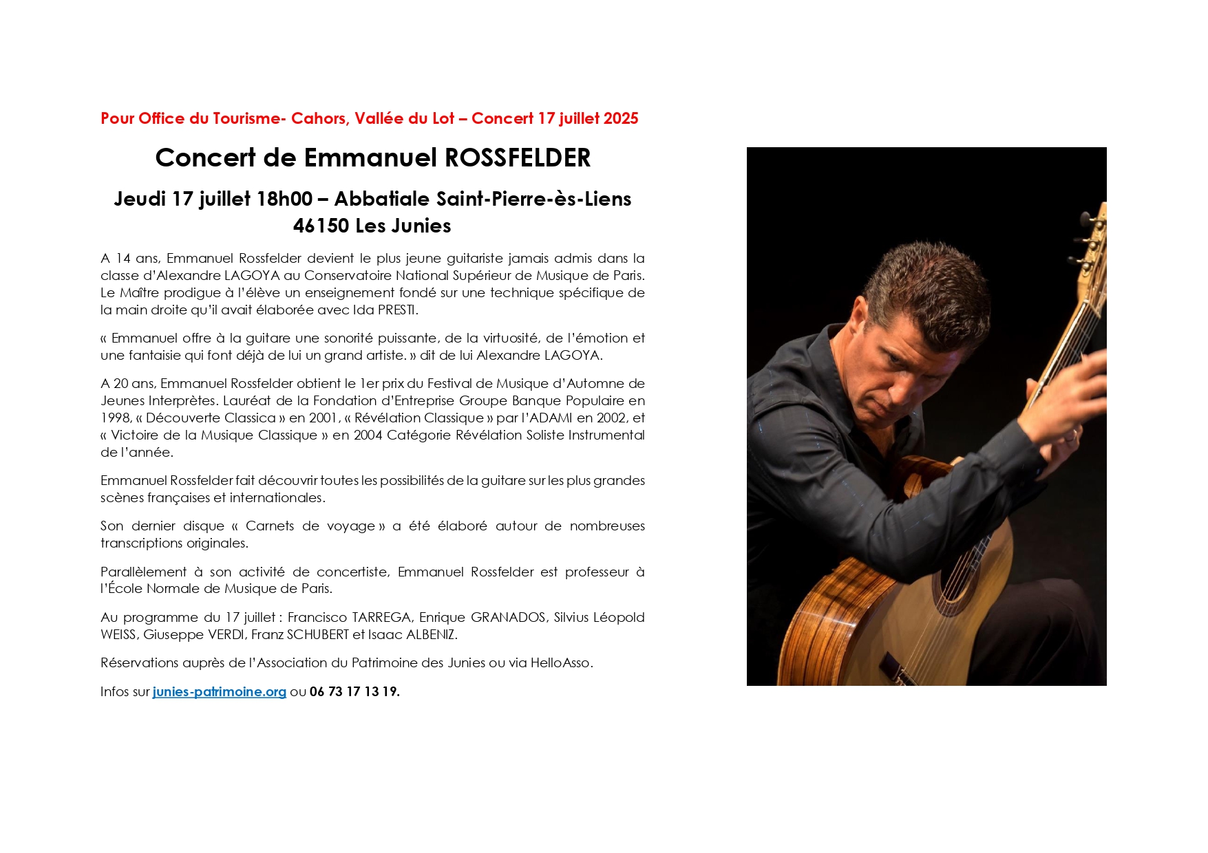 Figeac : Concert de Emmanuel Rossfelder à l'Abbatiale des Junies