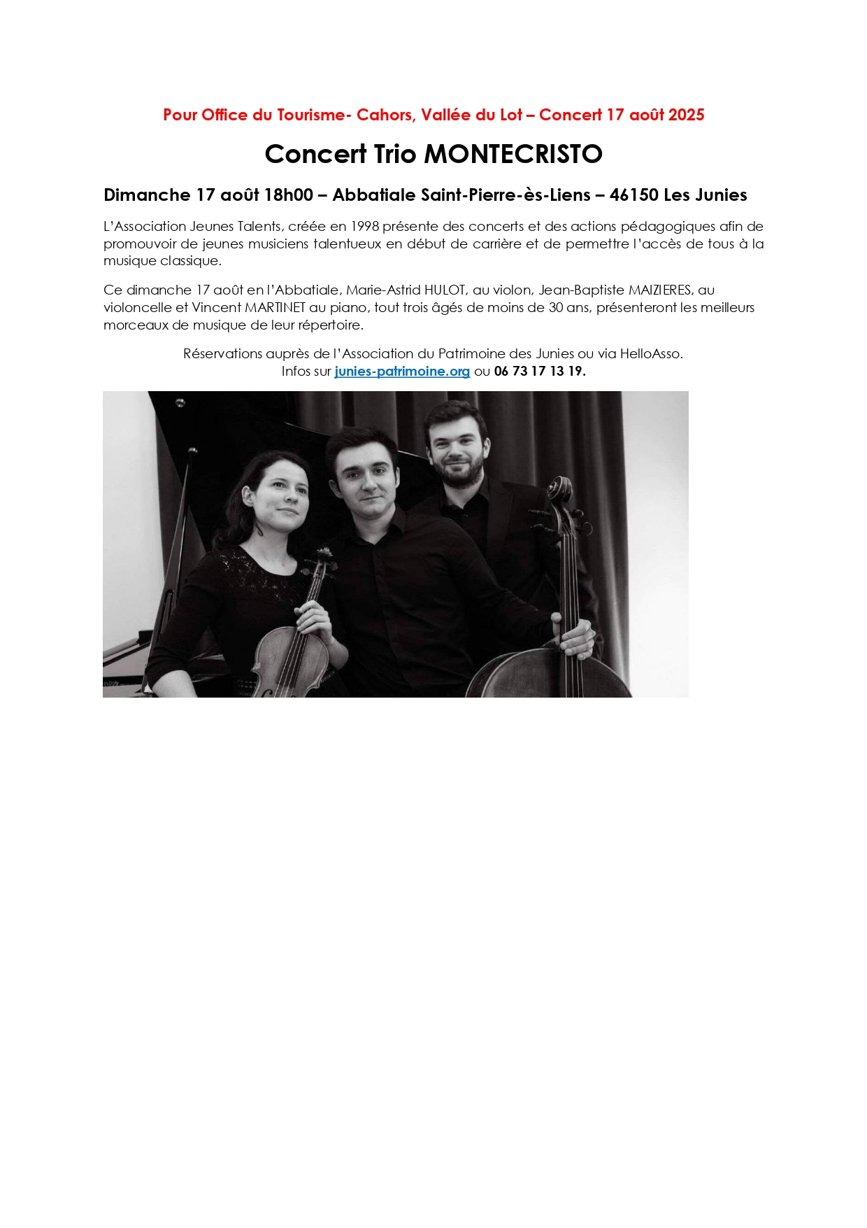 Figeac : Concert du Trio Montecristo à l'Abbatiale des Junies