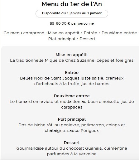 Figeac : Menu du premier de l'an au restaurant Chez Suzanne